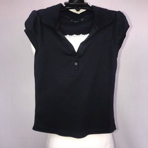 Girls Cap Sleeve Navy Top w White Lace Trim Insert